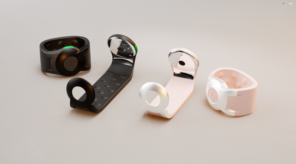 Multiple ALEYE wristbands shown together in different colors. One is dark gray with a green button, and the other is rose gold with a white undertone on top.