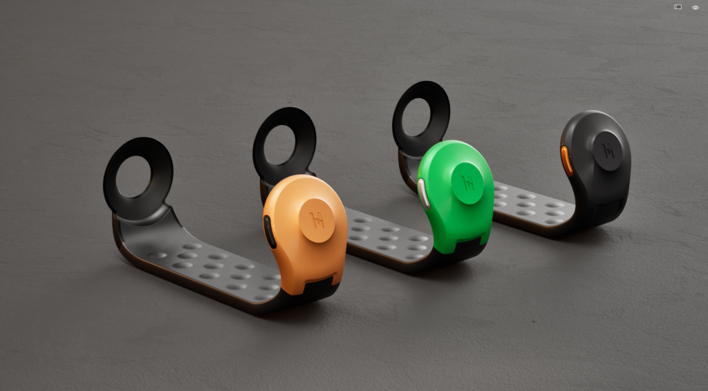 Side view of three ALEYE wristbands of varying colors side by side. It shows the optionality of the sleek wristbands, options for colors include orange, green, and black. The wristband also has a top section that can have a customized color similar to the face of a watch being customized.