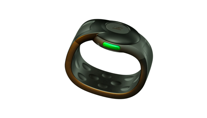 HapWare_VIZ_Image (1) 1 Side view of the ALEYE wristband. It shows how easily is clasps with the top section being the area it clasps. The colors are dark and have a nice simplistic look.