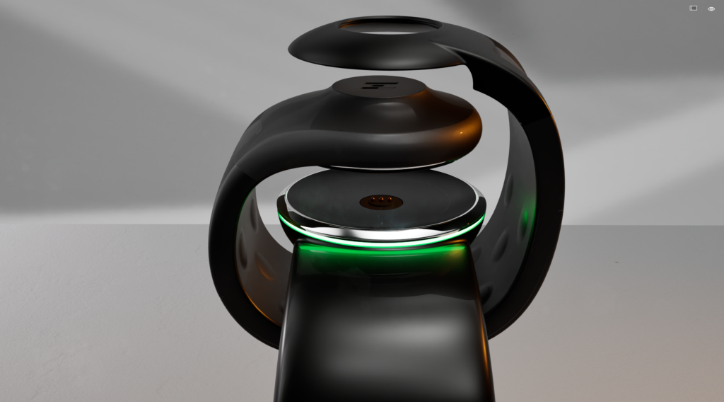 Close up side view of ALEYE wristband on charging dock. It is a sleek dock that charges magnetically.