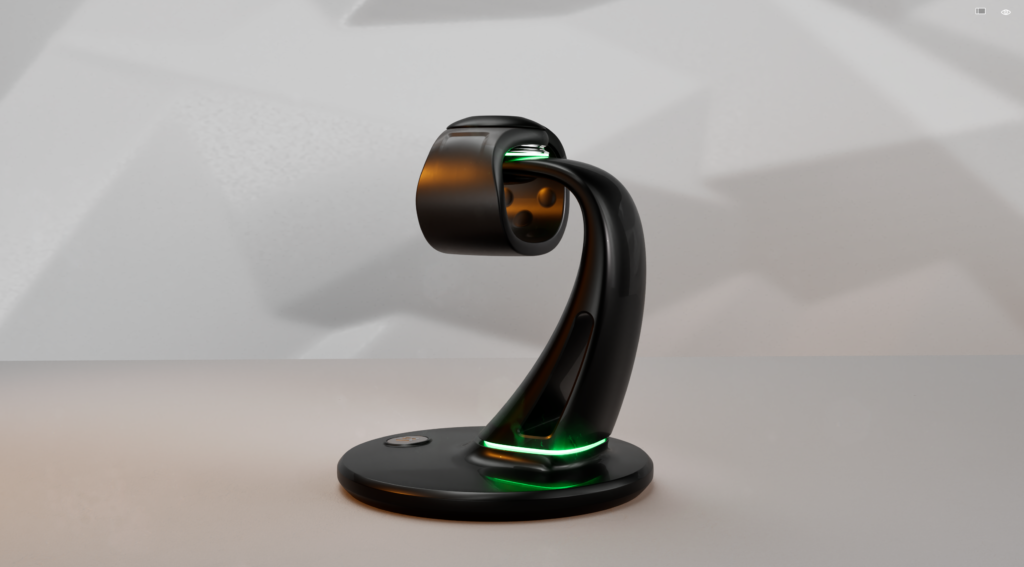 Side view of ALEYE wristband on charging dock.