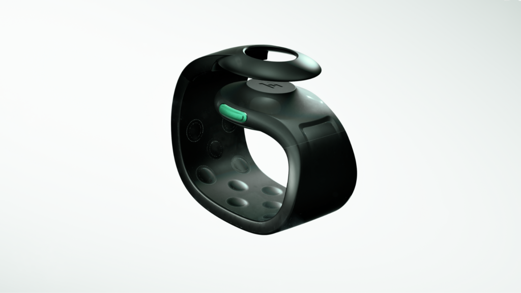 The ALEYE wristband on a white background showing the magnetic clasping feature that makes it only take a few seconds to take on and off