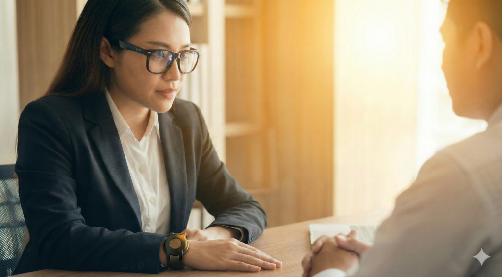 A women wearing the ALEYE wristband in a job interview understanding the cues that are being shown.